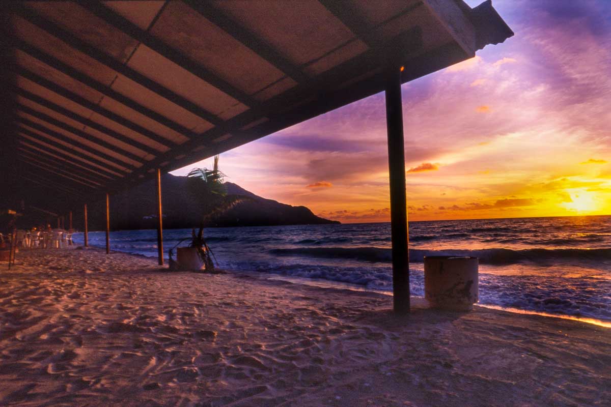 Beau Vallon Beach at sunset Mahe Seychelles