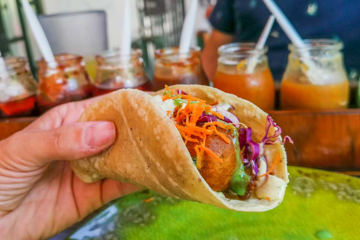 Close-up-of-a-seafood-taco-in-San Pedro Belize