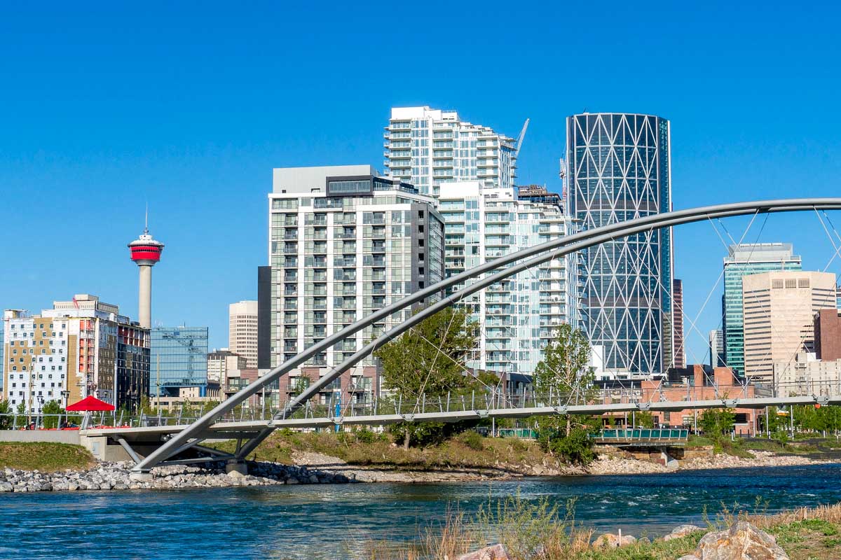 The view of downtown Calgary and the Bow River on a sunny day Canada